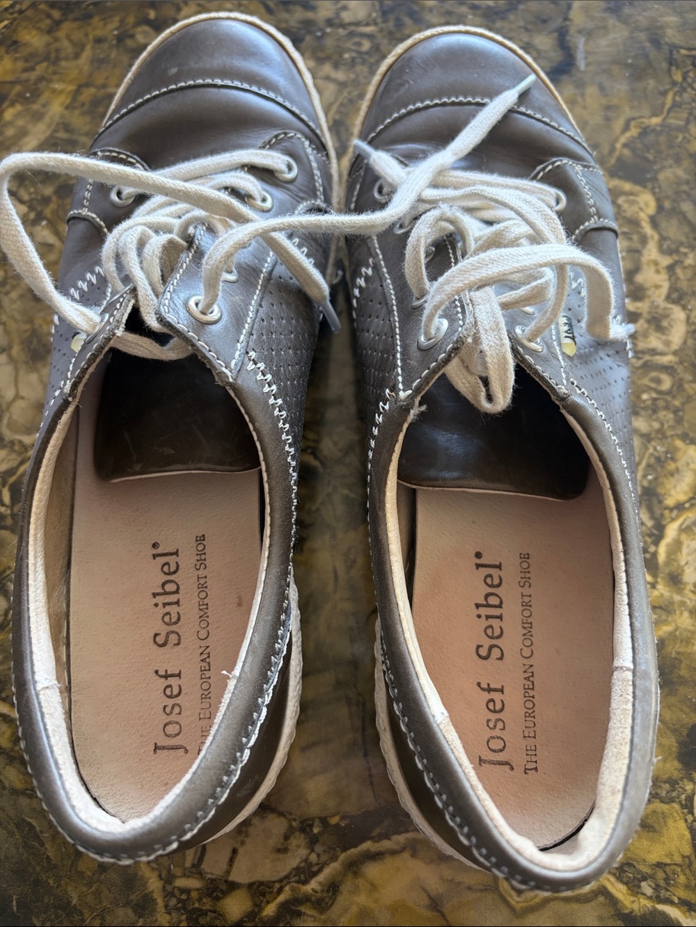 Josef Seibel taupe grey Leather Lace-Up Comfort Sneakers with Cream Laces